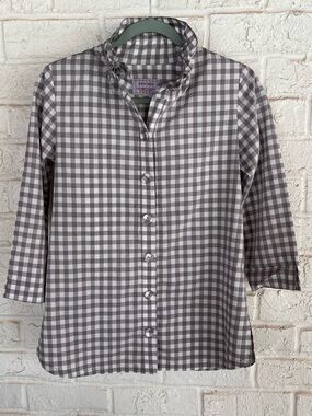 Diane Bailey The Beach House SSI Grey Gingham Ruffled Tunic Blouse Women’s XXS